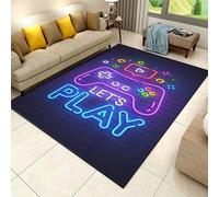 SMXVRC Lets Play Gaming Area Rug, 100x150cm, Gaming Themed Art Design Living Room Carpet, Neon Printed Carpets for Esports Room, Foldable Soft Non-Skid Mat for Boys Girls Bedroom Family