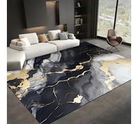 SMXVRC Modern Abstract Texture Indoor Rug, 80x150cm, Black Grey Gold Marble Pattern Kitchen Carpet, No Crease Low Pile Home Decorative Mats, Machine Washable Anti-Slip Rug for Entrance Hallway