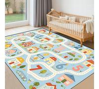 SMXVRC Numbers Alphabet Childrens Play Mat, 60x110cm, Pastel Blue Interactive Educational Town Carpet for Toddler Bedroom, Dirty Resistant Washable Non-Slip Rug for Sofa Floor