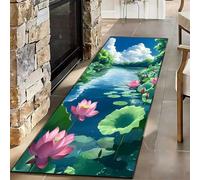 SMXVRC Pink Lotus Flower Runner Rugs, 60x150cm, Anime Style Summer River Blue Sky Scenery Indoor Throw Rug, Green Botanical Low Pile Easy Clean Carpet, Durable Non-Skid Mats for Family Bedside