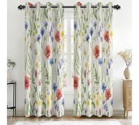 SMXVRC Watercolour Wildflower Curtains for Living Room, W55 x L84 x 2 Panels, Spring Garden Daisy and Poppy Pattern Eyelet Room Darkening Curtains, Energy Saving Drapes for Windows