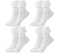 SMYJDMM White Frilly Socks for Women Girls, 4 Pairs Fairy Lace Trim Ruffle Socks with Bow, Ladies Frilly Ankle Socks, Cotton Princess Dance Dress Socks for Casual Wedding Costume Party Supplies