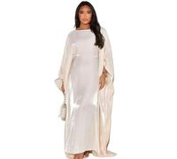 SMYTJSYC Ramadan Eid Satin Batwing Butterfly Abaya Dubai Luxury Muslim Maxi Kaftan Dress Abayas For Women Robe-Beige White-Size 1