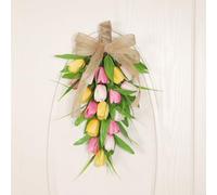 SMZhomeone 45cm Artificial Tulips Floral Teardrop Swag with Burlap Bow, Handmade Plastic Rattan Wreath for Front Door Porch Wall Home Garden Decor Spring(Yellow)