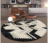SN ALEFHOME Chevron Round Cowhide Rug 3×3 ft - Premium Black & White Leather Area Rug with Herringbone Patchwork Design, Modern Boho Rustic Accent Rug for Living Room, Bedroom, Kids Playroom & Lounge