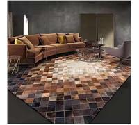 SN ALEFHOME Cowhide Faux Leather Patchwork Area Rug 5×8 ft - Natural Patterned Area Carpet with Non-Slip Back, Modern Rustic Design for Living Room, Bedroom, Office & Lounge Decor, Brown