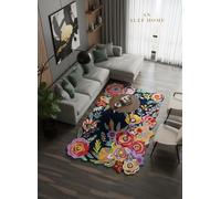 SN ALEFHOME Hand-Tufted Floral Wool Area Rug 6×9 ft - 100% New Zealand Wool Carpet | Soft, Durable & Cozy Decorative Rug for Living Room, Bedroom, Kids Playroom & Home Decor, Dark Blue