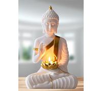 SN Handicrafts Decorative Buddha Statue with T-Light Lotus candel, White and Gold, Polystone Meditation Figurine for Home Gift Gifting Item Buddha Idol Statue Showpiece (White) 1pic