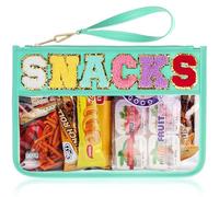 Snack Bag for Travel - Clear Chenille Varsity Letter Flat Pouch with Zipper, Waterproof Clear PVC&PU Preppy Patch Makeup Cosmetic tote Bags for Women (Green-Snacks)