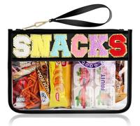 Snack Bag for Travel - Clear Chenille Varsity Letter Flat Pouch with Zipper, Waterproof Clear PVC&PU Preppy Patch Makeup Cosmetic tote Bags for Women Girls (Black-Snacks)