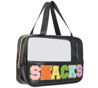 Snack bags, Chenille Letter Patch Clear Bag, Snack Bag for travel, Preppy Cosmetic Bag Clear Snack pouch with Zipper, Toiletry Bags for Traveling women, Clear Travel Bags for Toiletries, Black, Causal