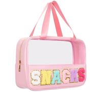 Snack bags, Chenille Letter Patch Clear Bag, Snack Bag for travel, Preppy Cosmetic Bag Clear Snack pouch with Zipper, Toiletry Bags for Traveling women, Clear Travel Bags for Toiletries, Pink, Causal