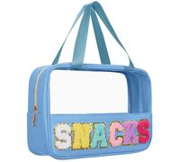Snack Bags Chenille Letter Patch Clear Bag Snacks Bag for Travel, Preppy Cosmetic Bag Snacks Pouch with Zipper, Toiletry Bag for Traveling women, Clear Travel Bags for Toiletries, Blue-Snack, Causal