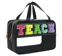 Snack Bags for Travel Varsity Letter Pouch Clear Toiletry Bag Snacks Bag Pouch, Preppy Clear Cosmetic Bag, Large Travel Bags for Women, Black-Teach, Preppy