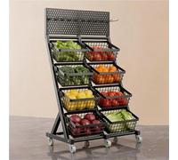 Snack Rack Display Stand with Wheels, Free-Standing Retail Display Shelves with Hook, Adjustable Shelf Height, Fruit Vegetable Stand Organizer for Store Kitchen Market