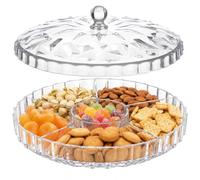Snack Serving Tray, 11.8 x 5.1 in Appetizer Tray with Lid, 6 Compartments Round Plastic Food Storage Organizer with Handle, Crystal Clear Decorative Divided Plate for Dried Fruit, Nuts, Candy, Party
