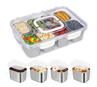 Snackle Box Container, Stainless Steel Divided Serving Tray With Lid and Handle, Dishwasher Safe Snack Platter for Veggie Fruit Nut, Clear Storage Snackle Charcuterie Boxes for Party Travel Picnic