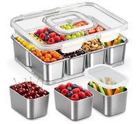 Snackle Box Container Stainless Steel - Reusable 8 Compartment Divided Serving Tray with Lid and Handle, Clear Portable Snack Containers Platters Storage Organizer for Snacks Fruit Candy Veggie Nuts