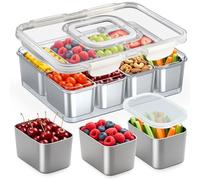Snackle Box Container Stainless Steel - Reusable 8 Compartment Divided Serving Tray with Lid and Handle, Clear Portable Snack Containers Platters Storage Organizer for Snacks Fruit Candy Veggie Nuts
