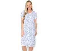 Snackmate Womens Nightwear Floral Print Poly Cotton Short Sleeve Front Button Opening Ladies Nighties with Lace - Pink Blue Lilac Nightdresses for Women UK Size 10-30 (Blue, 20-22)