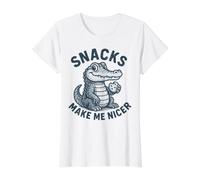Snacks Make Me Nicer Alligator Snack Humor Value Graphic T-Shirt, Women, White, L