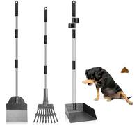 Snagle Paw 3 Pack Metal Pet Poop Scoop,Tray and Rake,Adjustable Long Handle with Bin for Pet Waste Removal,No Bending Poop Scooper Perfect for Large Medium Small Dogs