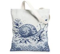 Snail Canvas Tote Bag for Women, Artistic Elegant Flower Leaf Spring Blue Washable Reusable Everyday Tote Bag Ideas for Tra, Blue, 13x15 Inch