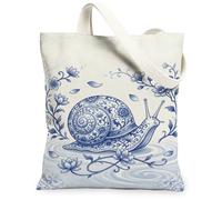 Snail Canvas Tote Bag for Women, Oriental Nature Water Lily Flower Spring Blue Washable Reusable Market Tote Ideas for Outdoor Travel Workday Reading 13x15 Inch