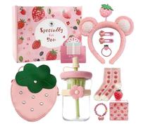SNAIL GARDEN 10PCS Strawberry-Themed Gift Set for Girls - Includes Glass Cup, Crossbody Bag, Headband, Socks & Hair Clips - Perfect Present for Birthday Christmas