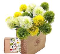 SNAIL GARDEN 15Pcs Artificial Dandelion, Artificial Chrysanthemum Plants Bouquet with 1 Vase Kraft Paper Bag-Plastic Flower Balls Plant Fake Grass for Indoor Outdoor(White,Yellow,Green)