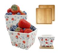 Snail Garden 2Pcs Ceramic Berry Basket with 2Pcs Bamboo Coasters,Berry-Patterned Berry Bowls with Holes Ceramic for Strawberries Blueberries, Fruit Basket for Rustic Farmhouse Kitchen Decor