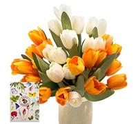 SNAIL GARDEN 36 Heads Artificial Tulip Flowers,4 Bunches Silk Fake Tulips Bouquets with Greeting Card,for Living Home,Office,Party and Wedding Decoration Floral Arrangements Table Decor(Yellow/White)