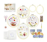 SNAIL GARDEN 4 Set Embroidery Stitch Practice Kit for Beginners Adults & Kids, Learn 28 Stitches with Pre-Printed Floral & Animal Patterns, Includes 2 Hoops (Round & Oval), Threads, Needles, Tools