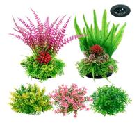 SNAIL GARDEN 5 Pcs Artificial Aquarium Plants, Heavy Base Fish Tank Decor | Weighted Base Stays Put | Soft Sway Naturally | For 5+ Gal Tanks | No glue, Clip-on Base| 2 Tall Plants + 3 Cluster Plants