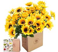 SNAIL GARDEN 6 Bunches Artificial Sunflower, 42 Heads Sunflowers Artificial Flowers Helianthus Bundle Bouquet with Brown Paper Bag Fake Flowers for Home Office Table Arrangement Gift