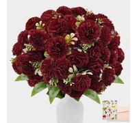 SNAIL GARDEN 72 Blooms Artificial Carnations, 2 Bunches 50cm Faux Flowers, Dark Red Silk Carnations Bouquets with Bendable Stems, Realistic Touch Fake Flower for Mother's Day, Wedding DIY Cake Decor