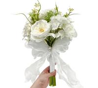 SNAIL GARDEN Artificial Bridal Bouquet with Pearl Accent & Mesh Ribbon Bow - Lifelike Silk Wedding Flowers Handheld for Bride, Vase Fillers or Gift (31cm)