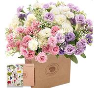 SNAIL GARDEN Artificial Carnations Flowers,60 Heads 3 Bundles Silk Realistic Mini Chrysanthemum Bouquet,with Greeting Card & Brown Paper Bag for Home Office Table Decoration Gift(White/Pink/Purple)