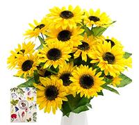 SNAILGARDEN 2 Bunches 14 Heads Diameter 10.5cm Artificial Sunflowers,Silk Realistic Sunflower,Fake Helianthus Bundle Bouquet with Greeting Card for Home Office Table Arrangement Gift