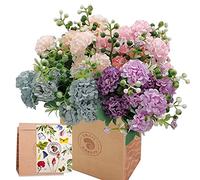 SNAILGARDEN 40Heads Artificial Hydrangea Flowers, 4Pack Fake Silk Mini Hydrangea with 1 Vase Kraft Paper Bag-Mini Artificial Chrysanthemum Ball Perfect for Home Office Wedding Baby Shower Party Decor