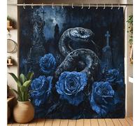 Snake and Blue Roses Shower Curtain, Gothic Dark Blue Floral Shower Curtain for Bathroom Decor, Halloween Modern Minimalistic Black Waterproof Fabric Shower Curtain Set with Hooks 72x72 Inch