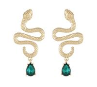 Snake Design Drop Earrings, Gold-Tone with Emerald Green Crystal, Gothic Style