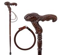 Snake Handle Vintage Hand Carved Wooden Walking Stick Beautiful Cane | 3D Carved, Natural Wood Grain, Solid Red Oak, One-Piece Construction, Spare Rubber Tip, Wrist Cord