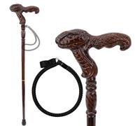 Snake Handle Vintage Hand Carved Wooden Walking Stick Beautiful Cane | 3D Carved, Natural Wood Grain, Solid Red Oak, One-Piece Construction, Spare Rubber Tip, Wrist Cord
