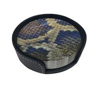 Snake Skin Print,Set of 6 Round Coasters, Pu Leather Drinks Coasters with Holder for Home Office Kitchen