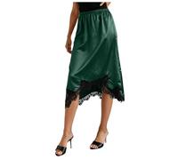 Snakell Women Summer Skirt Satin Midi Skirts with Lace Trim A-Line Asymmetrical Flowy Silky Long Skirt High Waist Silky Underskirt Elegant Going Out Skirts Summer Soft Waist Slips for Under Dresses