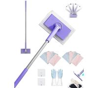 Snap Grip Mini Mop, The Zero-Touch Mini Mop, Convenient Cloth Changing Mini Mops, Locking Head with Sweeping Cloths, Wet & Dry Use, 36-inch Long Handle Stick for Multi-Surface, No Wash (Purple)