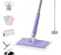 Snap Grip Mini Mop, Zero Touch Automatic Cloth Changing Mini Mop, 360° Rotating Wet and Dry Mop with Clip-On Design for Bathroom, Kitchen and Wall Cleaning (PurpleMop × 1 + Cloth × 5, 70cm/27.6in)