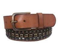 Snap On Three Row Punk Rock Star Metal Distressed Brass Studded Vintage Full Grain Leather Belt, Tan | 40