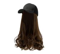 Snapback Cap Black Cowboys Synthetic Hair Wig Baseball Cap with Attached Hair Long Pear Roll Curly Adjustable Wavy Curly Hairpiece with Baseball Cap Black Cap (C, One Size)